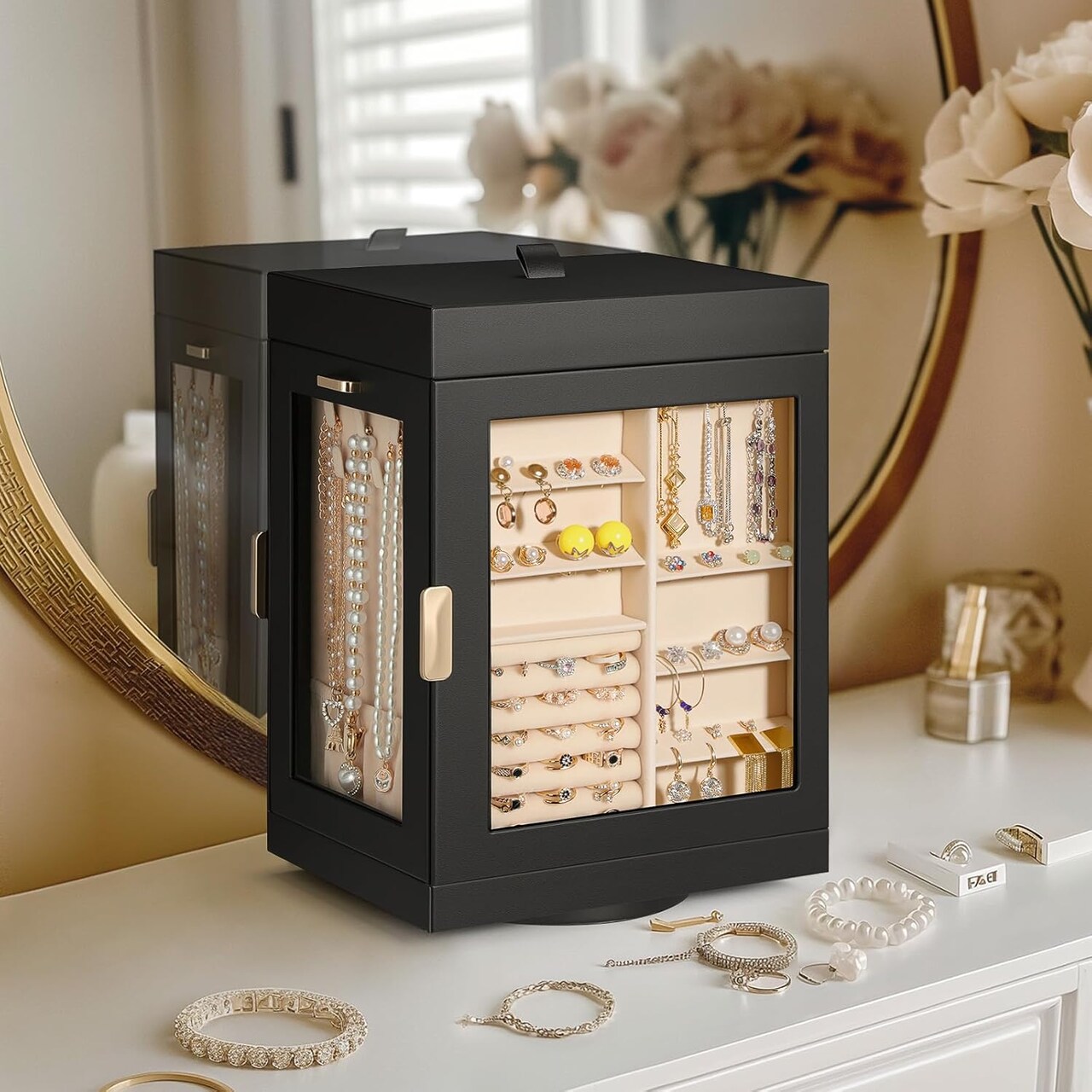 Rotating Jewelry Organizers and Storage, Vertical Jewelry Boxes for Women, Large Jewelry Box, Black